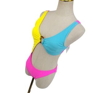 NWT Kamoni One Piece Swimsuit S Neon Multicolor Colorblock Cutout Monokini Retro